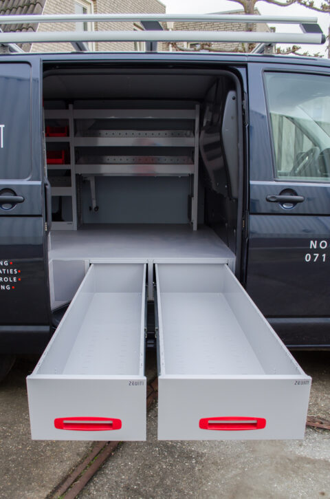 Zevim van racking system. Volkswagen Transporter L1H1. Vertical system, combined with bottom drawer system.