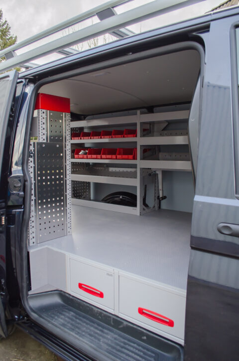 Zevim van racking system. Volkswagen Transporter L1H1. Vertical system, combined with bottom drawer system.