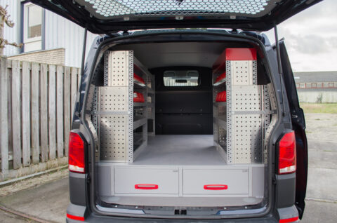 Zevim van racking system. Volkswagen Transporter L1H1. Vertical system, combined with bottom drawer system.