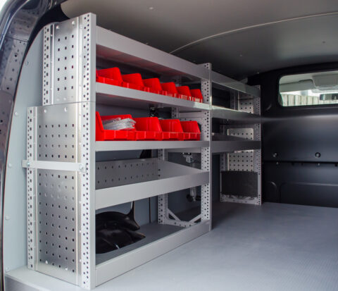 Zevim van racking system. Volkswagen Transporter L1H1. Vertical system, combined with bottom drawer system.