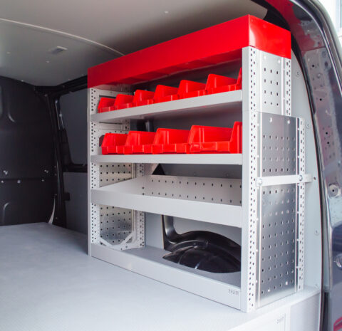 Zevim van racking system. Volkswagen Transporter L1H1. Vertical system, combined with bottom drawer system.
