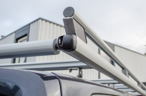 Zevim van racking system. Volkswagen Transporter L1H1. Vertical system, combined with bottom drawer system. Roof rack.